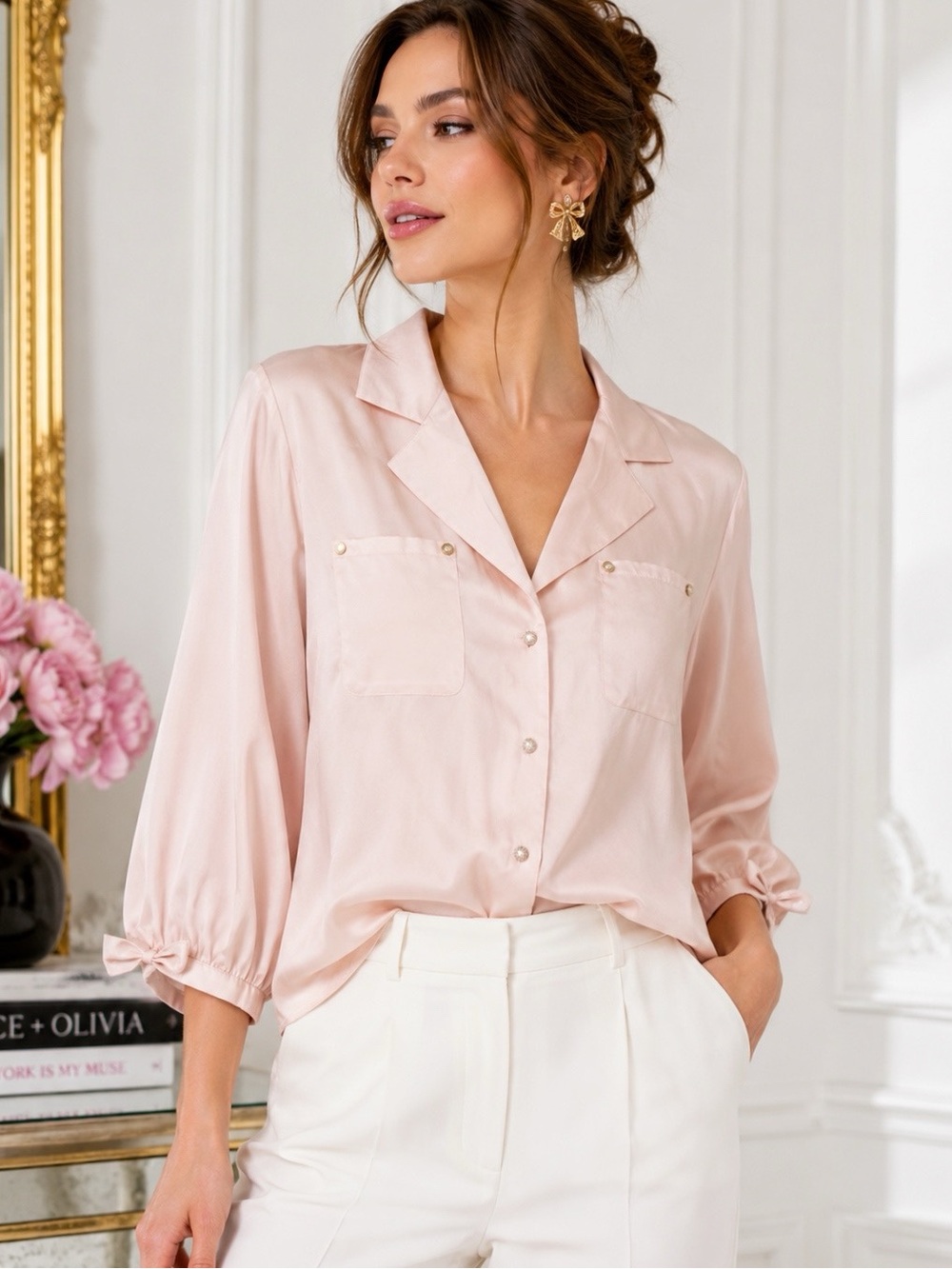 Karl Lagerfeld Woman Pastel Pink Satin Bow Puff Sleeve Top LARGE Romantic Preppy